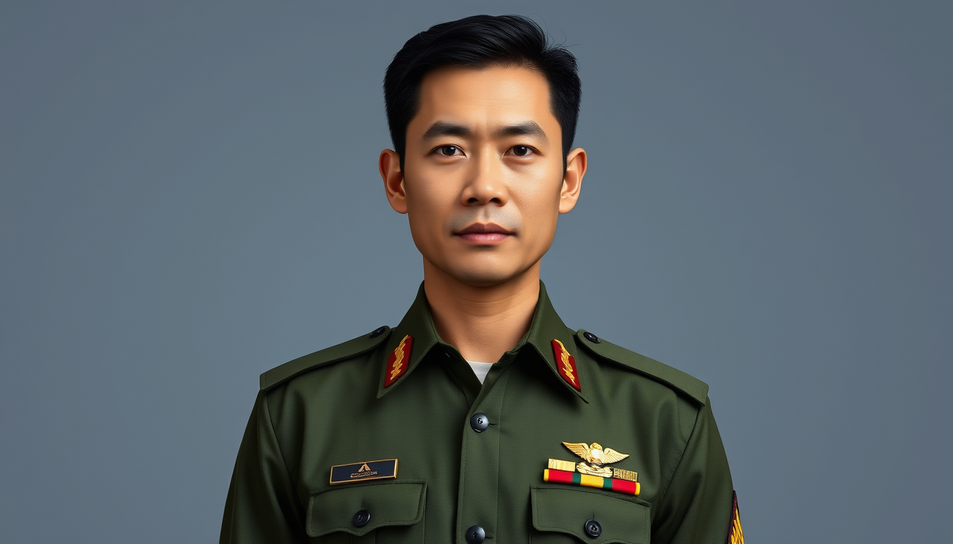 Main art studio: Use the uploaded photo only as a facial reference. Create a photorealistic fictional Southeast Asian male military officer wearing a formal dark-olive
