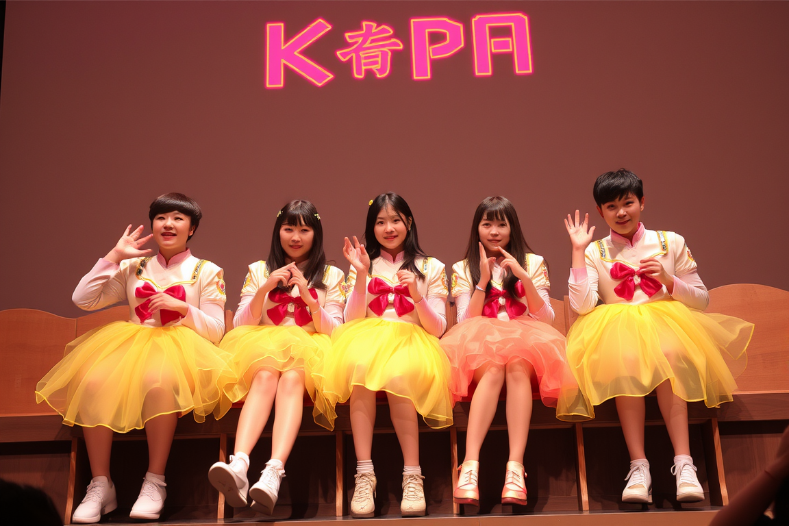 Main art studio: 5人組の韓国女性アイドルグループ。幻想的で可愛らしく、夢の中のような雰囲気。少女らしい自然な可愛さと少し不思議な世界観を持っている。衣装はパステルカラー、白、淡いブルーやピンクを中心にしたガーリーで現代的なスタイル。5人が楽しそうに並んでいる、柔らかい光のK-POP公式コンセプト写真。