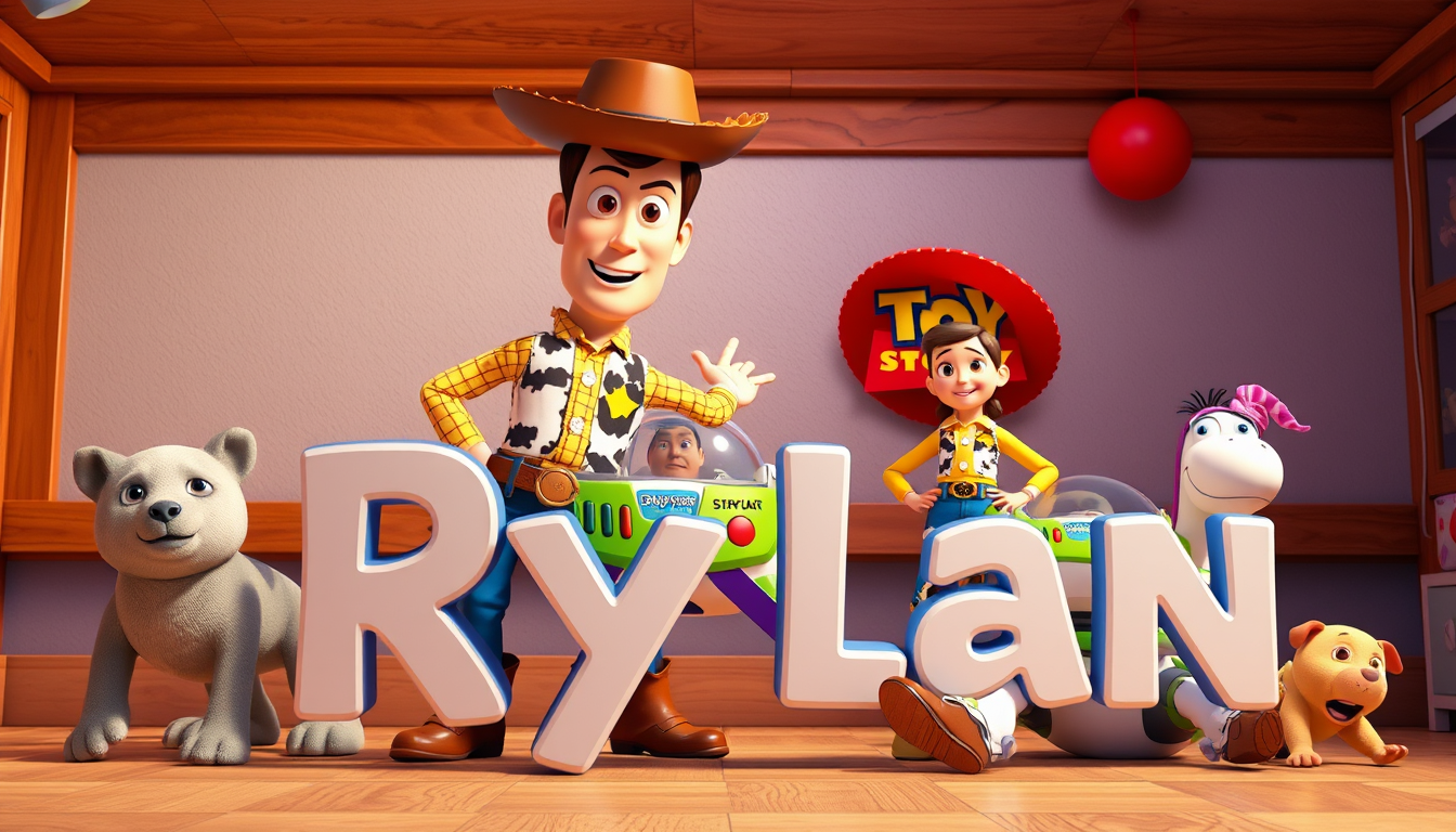 Main art studio: Make a Toy Story themed image with the name Rylan on it make it 8x11 for a 8 year old boy make it 3d and eye catching.Add all Toy Story characters.