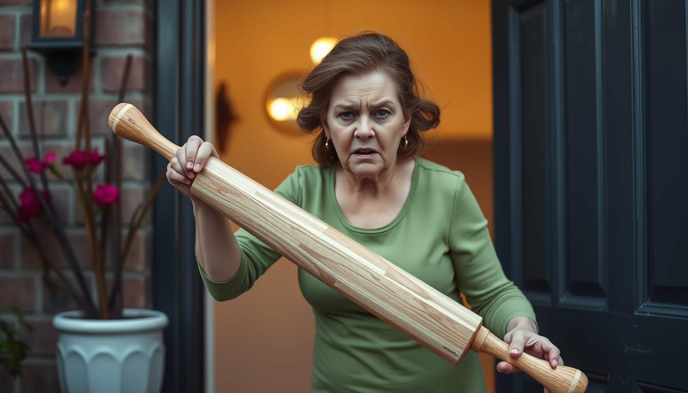 Main art studio: crazy wife wielding large rolling pin angrily waiting at front door