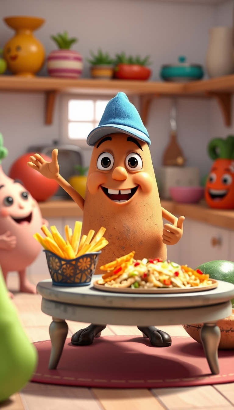 Main art studio: Scene 3 – Potato's Funny Speech Prompt: Happy potato wearing a tiny blue cap proudly showing French fries, potato chips, and biryani on a small table,