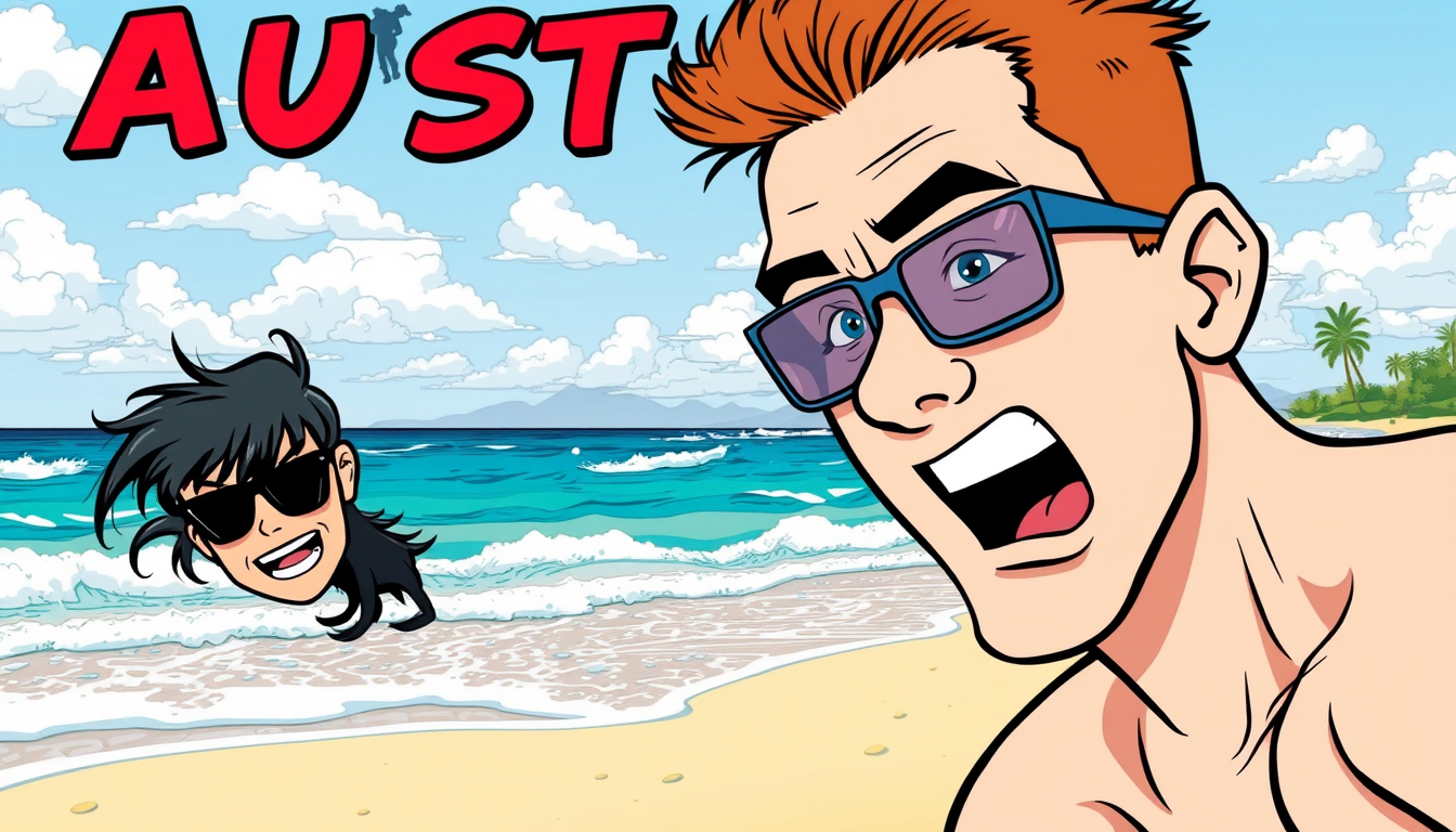 Main art studio: colorful comic book illustration, clean black outlines, dynamic expressions, Australian beach, bright daylight.