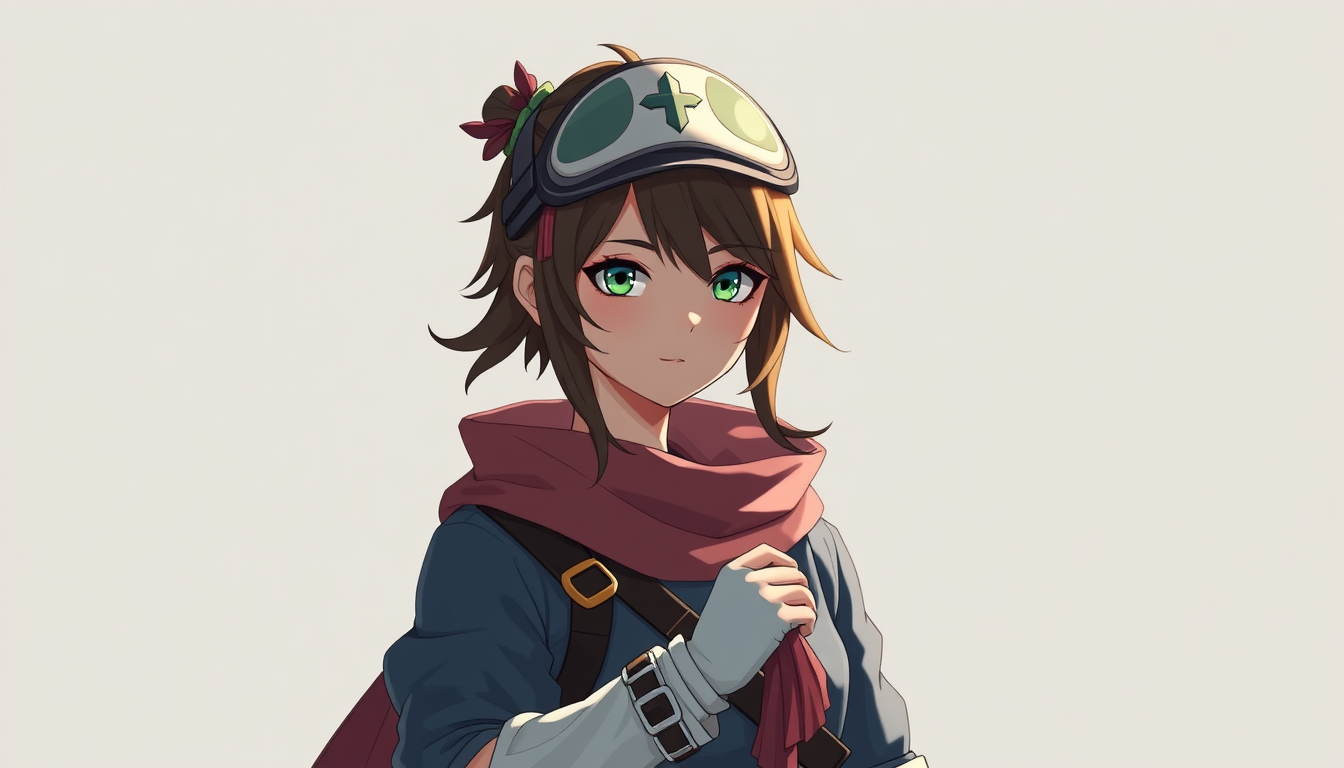 Characters idea: an original character defined by silhouette, role, outfit, palette, and expression, deliberate composition, En tjej med gröna ögon, brunt hår. blåa je