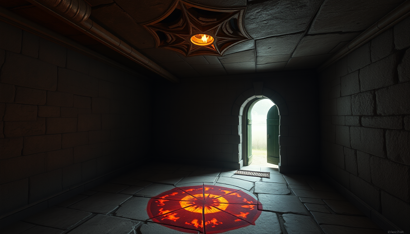 Main art studio: In the ceiling of this unfurnished room, in a single carved star, a fire flickers. The floor next to the southeast door bears a scorch mark, as if the