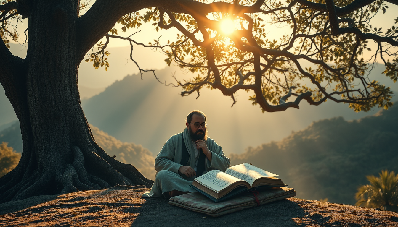 Main art studio: Epic cinematic scene of a humble scholar sitting beneath an ancient tree with an open Quran resting respectfully nearby, surrounded by mountains and s