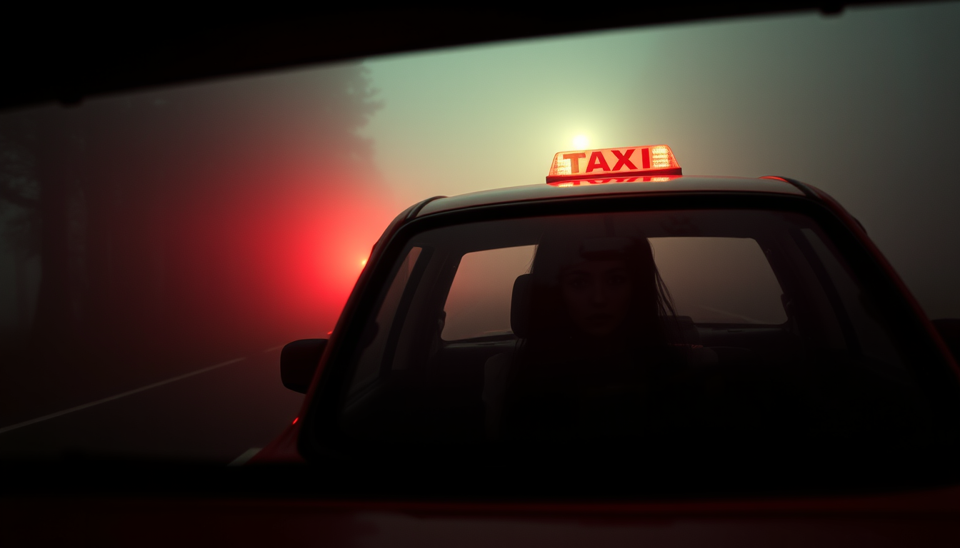 Main art studio: A terrifying cinematic horror scene in Japan at midnight, a Japanese taxi stopped on a lonely foggy road. Through the rear window, a pale ghost woman