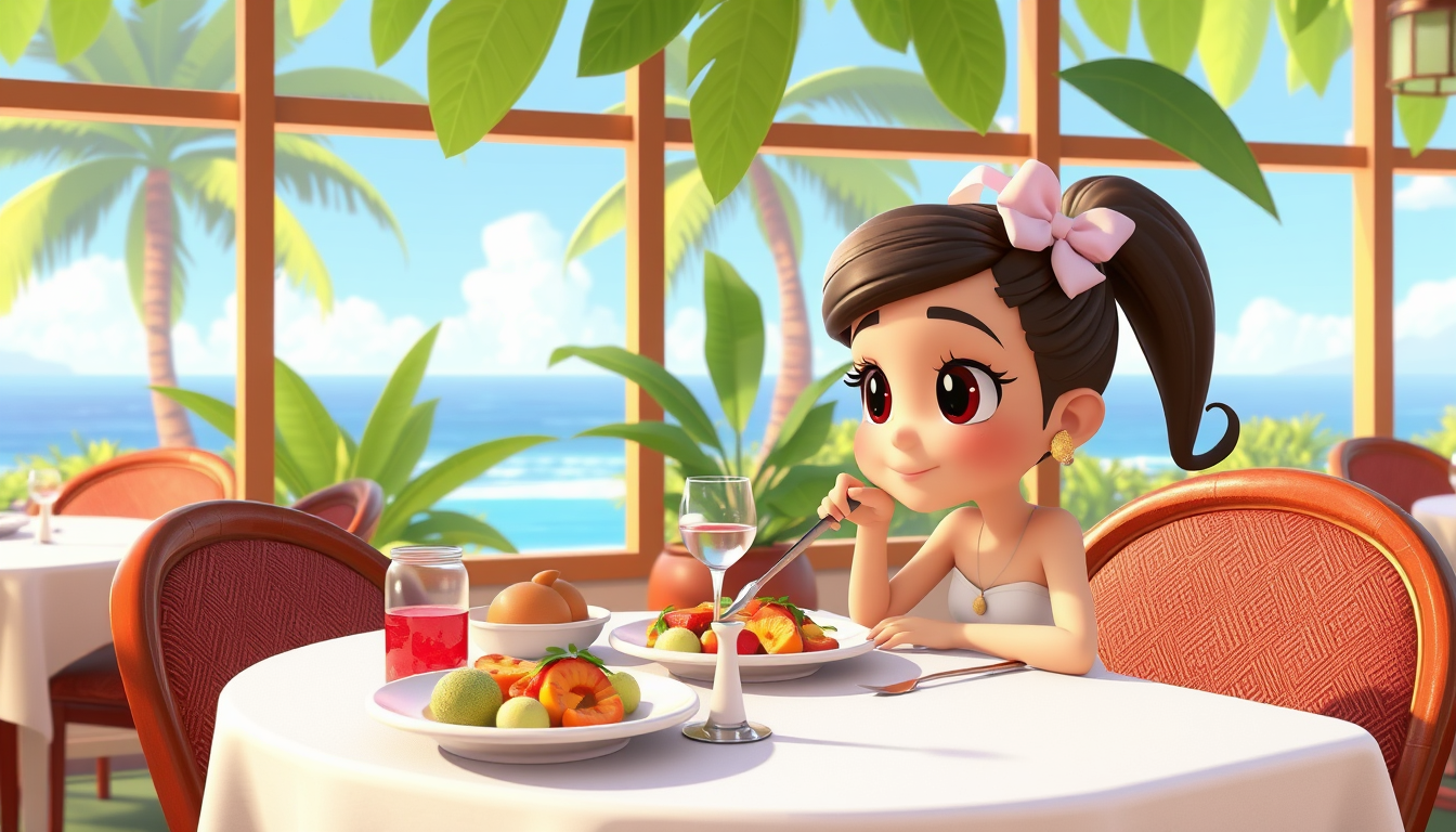 Main art studio: Scene 3: Chloe dining at a beautiful Hawaiian restaurant, sitting at a table with tropical food, ocean-view windows, elegant atmosphere, cute 3D carto