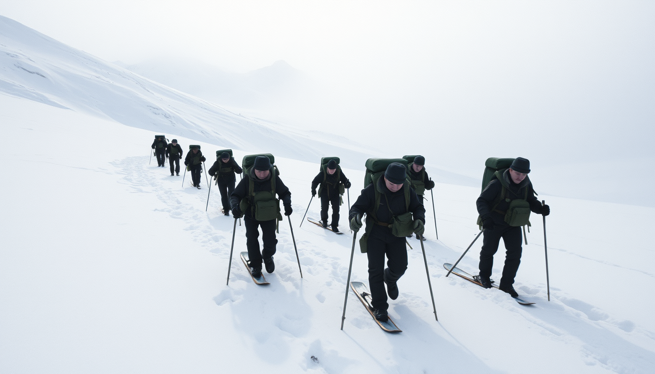 Main art studio: Soviet search team traveling through deep snow in the Ural Mountains in 1959, several rescuers carrying backpacks and walking carefully across a froze