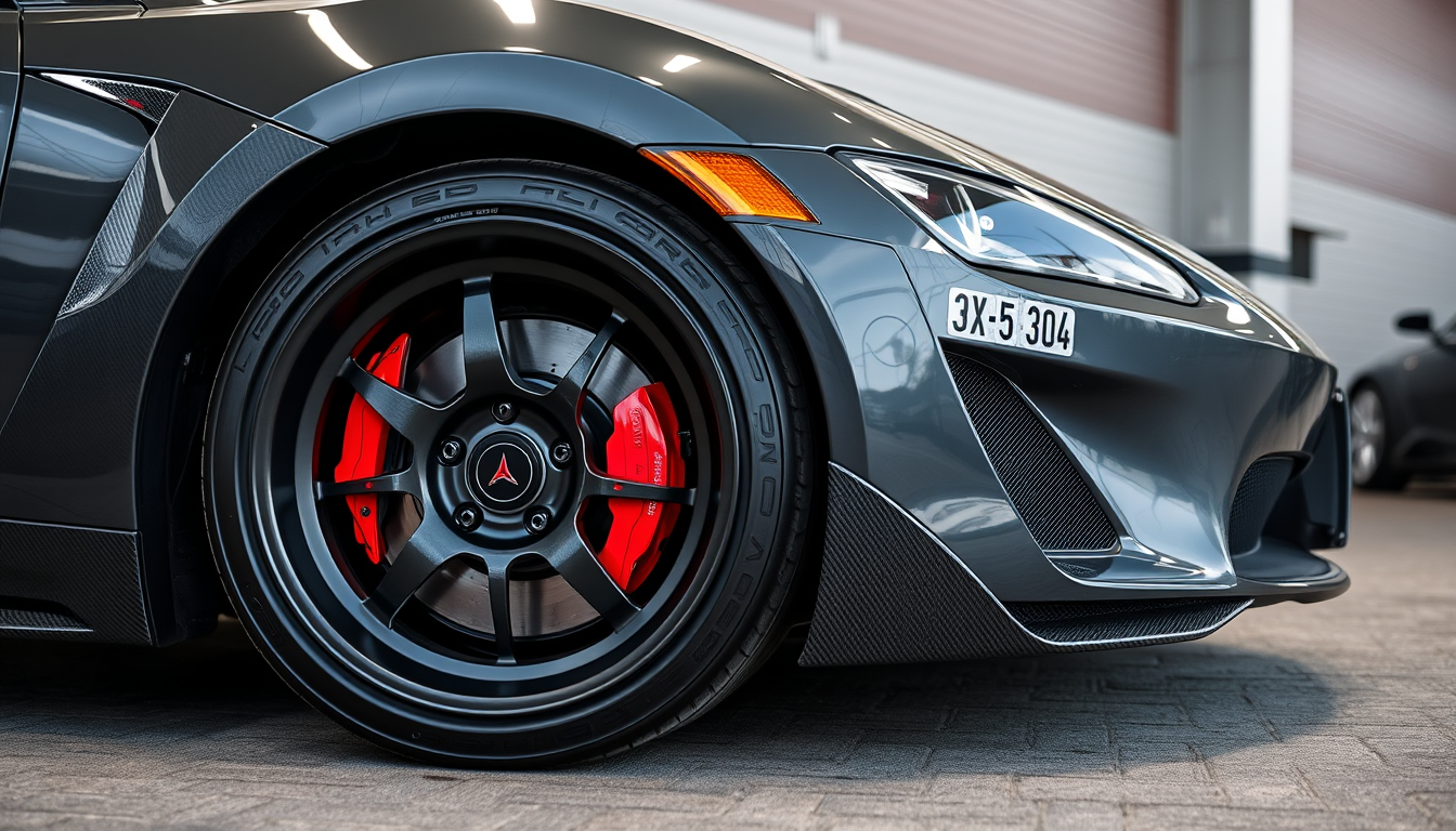 Main art studio: wide stance, flush fitment, red brake calipers, carbon fiber mirrors, carbon fiber front lip, premium automotive photography