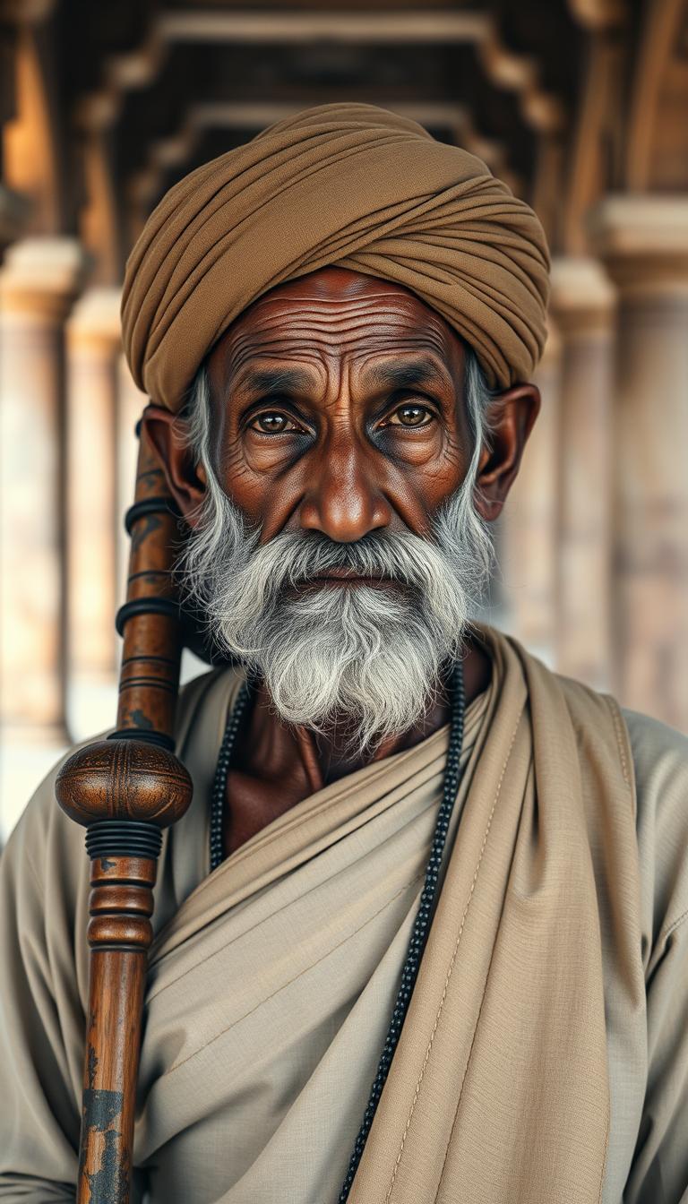 Main art studio: An 72-year-old Indian palace guard, thin body, deeply wrinkled face, long white beard, grey moustache, faded brown turban, simple beige cotton dhoti k