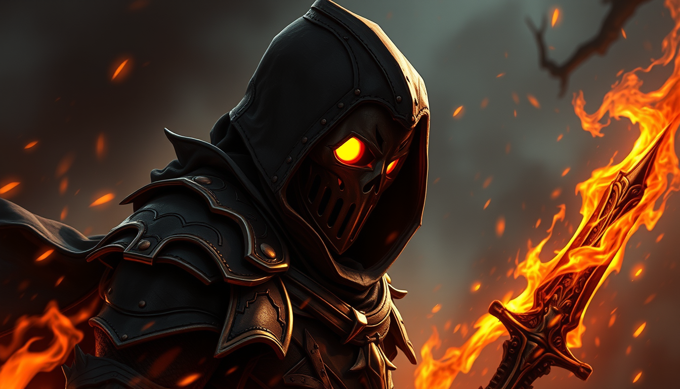 Main art studio: Humano encapuchado tipo hollow Knight 2D con detalles de fuego que no se le vea la cara