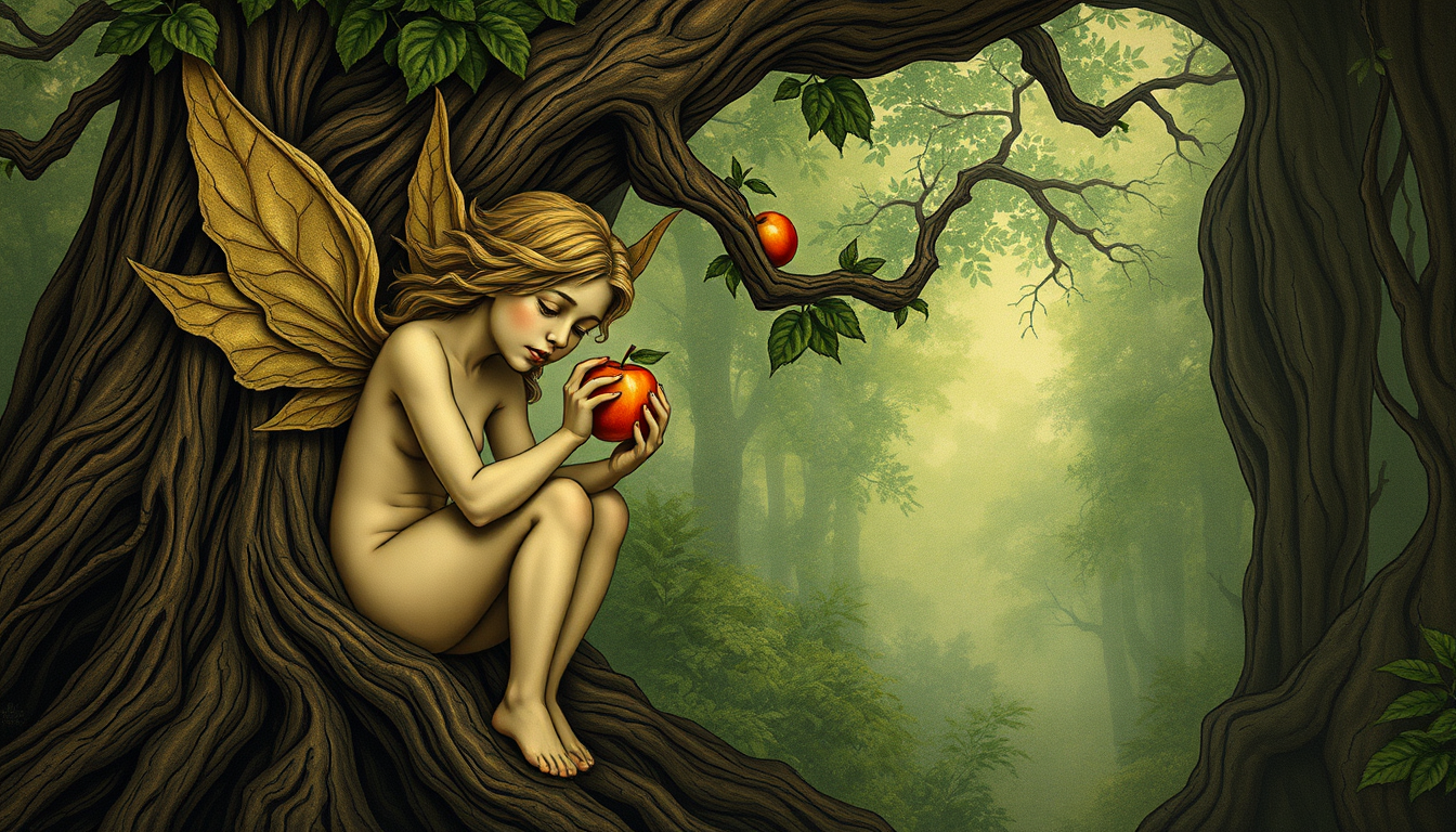 AI Art prompt example created from the prompt: art nouveau wood nymph eating apple next to gnarly ancient oak tree