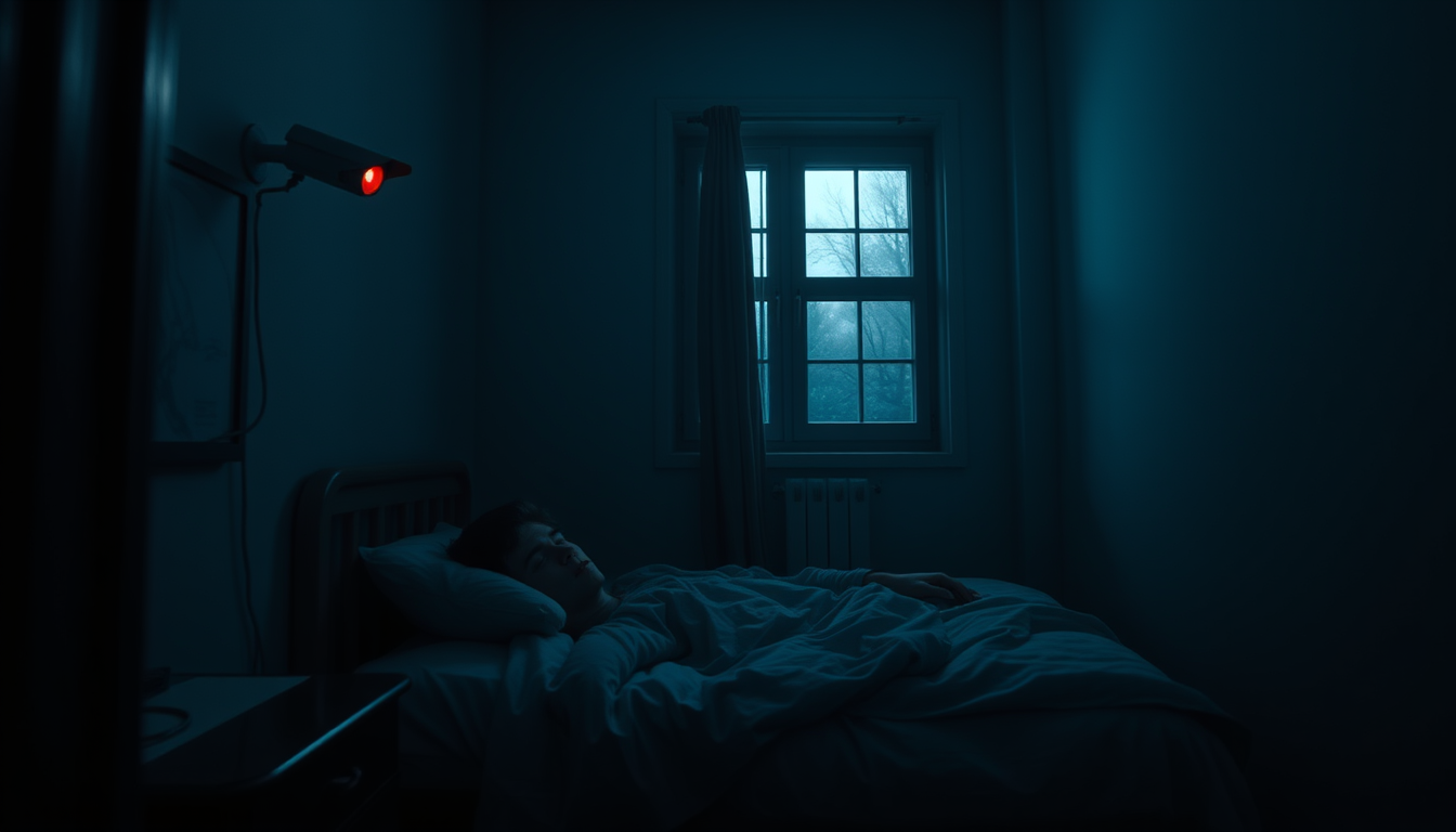 Main art studio: A cinematic photorealistic horror scene inside a small dark bedroom at 3:17 AM. A young man is sleeping alone in his bed, seen from the corner of the