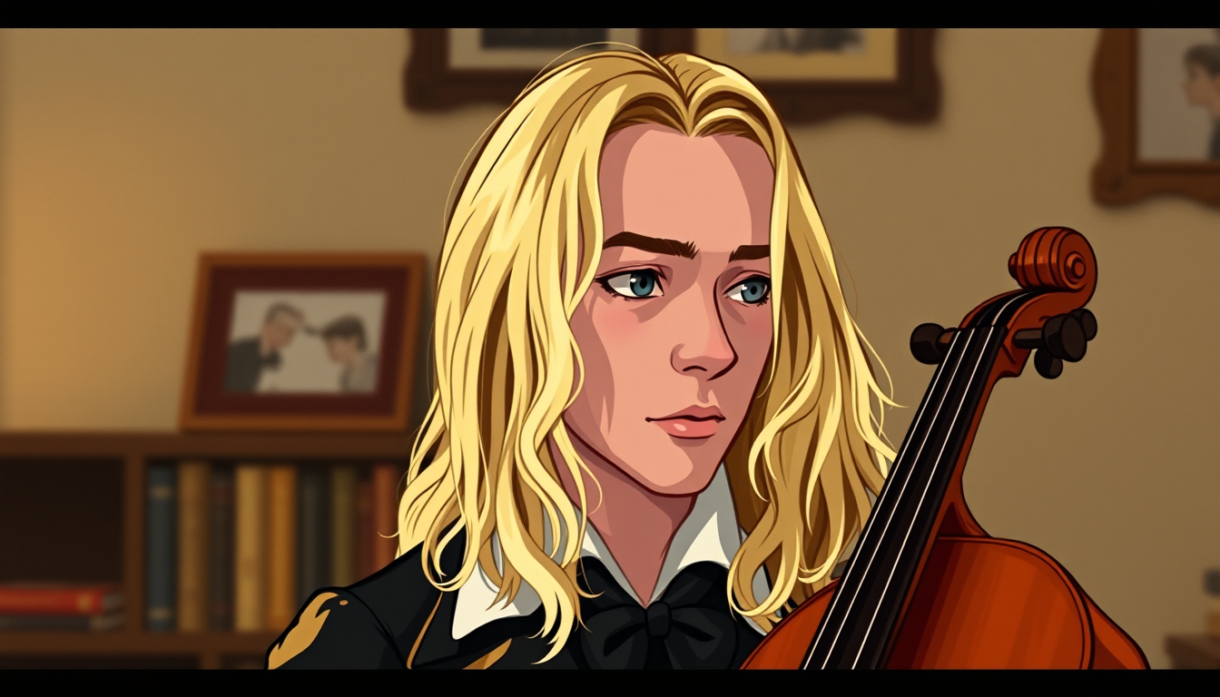 Main art studio: make me a cute but edgy profile pic (minimal clutter) of young brahms in the style of lucky star, pretty please! blonde hair, young brahms not old bra