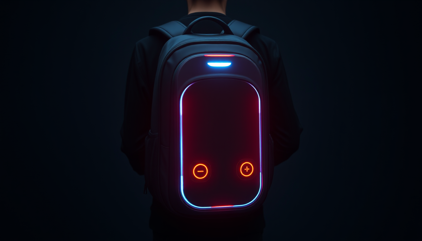 Main art studio: Hi, erstelle mir ein Bild von einem Smart Rucksack, welcher LED Licht, Sprachsteuerung, Ortung, mit dem Handy beidenen kann und modern ist. Bitte auf