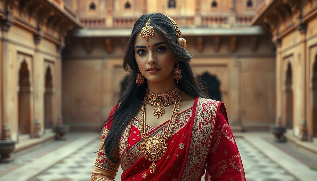 Main art studio: Princess Ratnavati, a young adult Rajput princess, wearing an elegant traditional Rajasthani lehenga, embroidered dupatta and antique gold jewelry, st