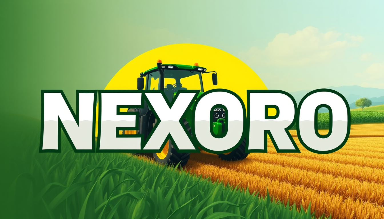 Main art studio: Create a professional farming gaming logo featuring the name “NEXORO” in large, bold, modern lettering. Give it a realistic farm-simulator style with