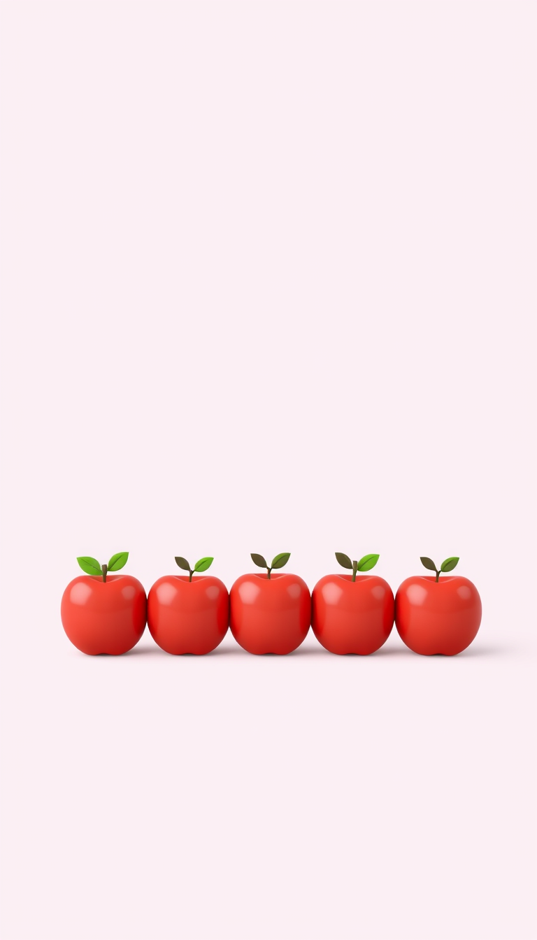 AI Art prompt example created from the prompt: Create a cute preschool educational illustration showing EXACTLY FIVE red apples. Arrange the five apples in one straight horizontal row wit