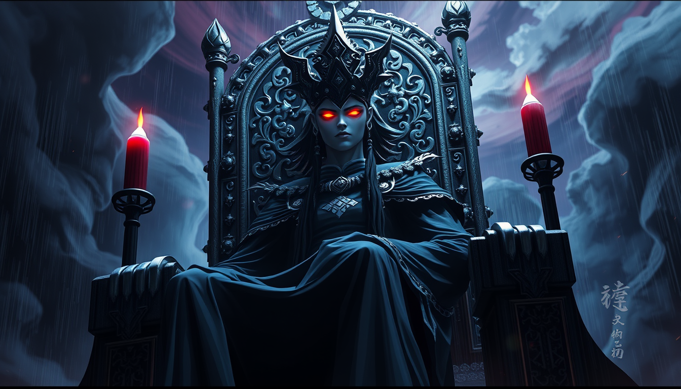 Main art studio: sukuna sitting on a throne with a menacing look