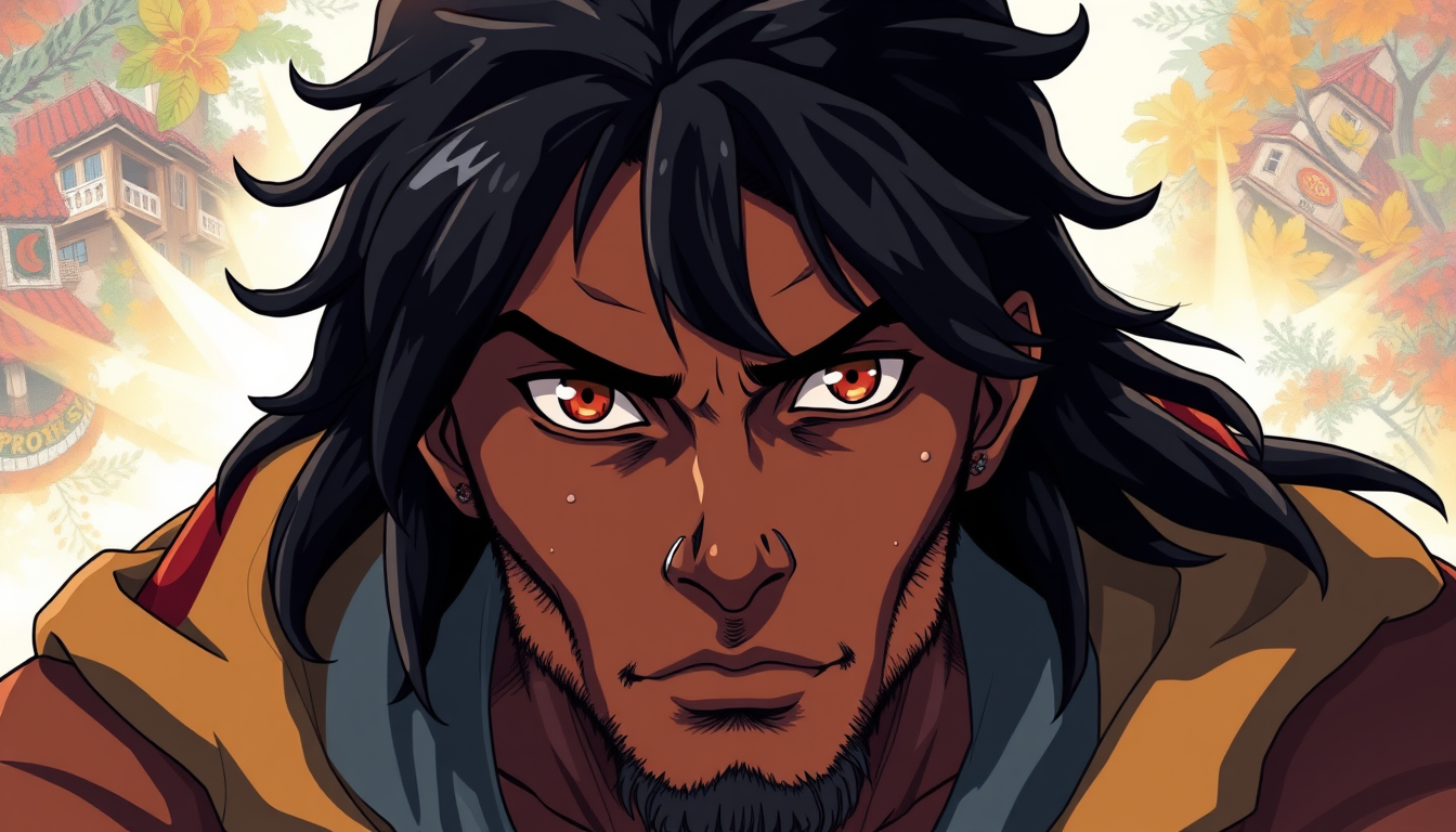 Anime idea: anime style, vibrant colors, expressive eyes, Un homme guerrier africain cheveux vieux noir robuste , detailed anime illustration