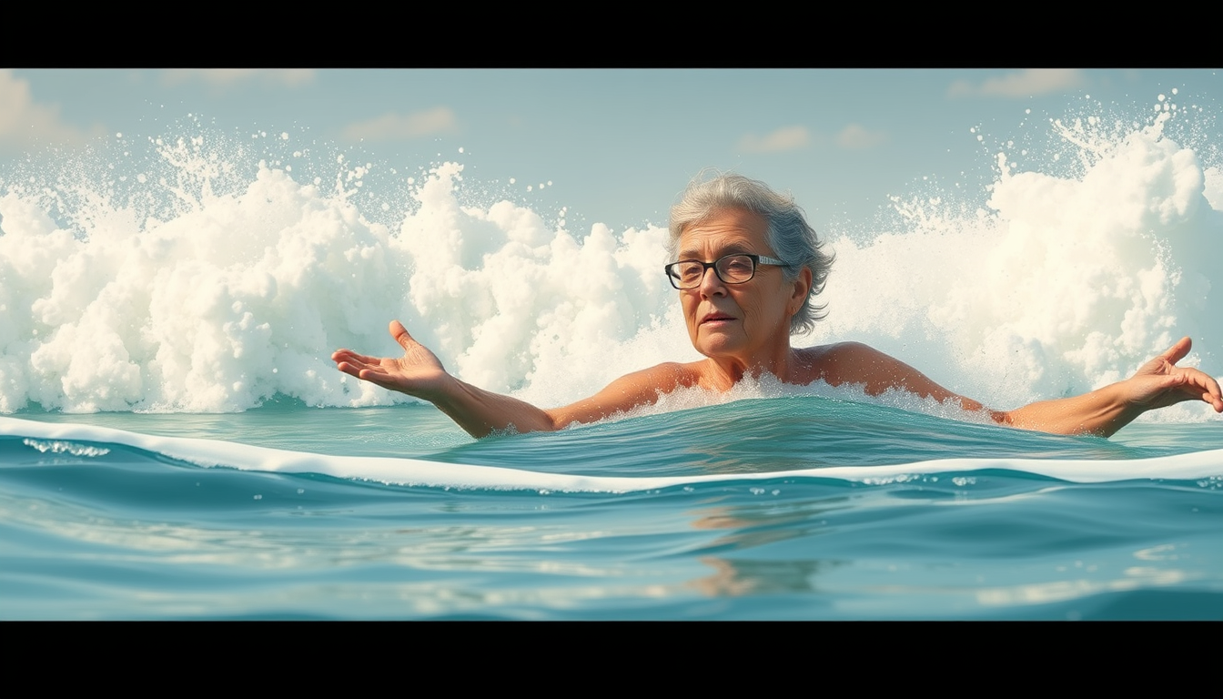 Main art studio: Erstelle ein Comic-Bild: "60-jährige dicke Frau schwimmt im Meer mit den großen Weißwasser-Wellen und begegnet dabei einer schwimmenden Robbe (keinem 