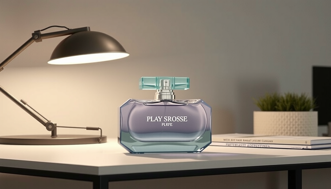 Main art studio: Slow smooth camera push-in toward the perfume bottle. Keep the exact product unchanged, upright and perfectly sharp. Subtle realistic movement, premiu