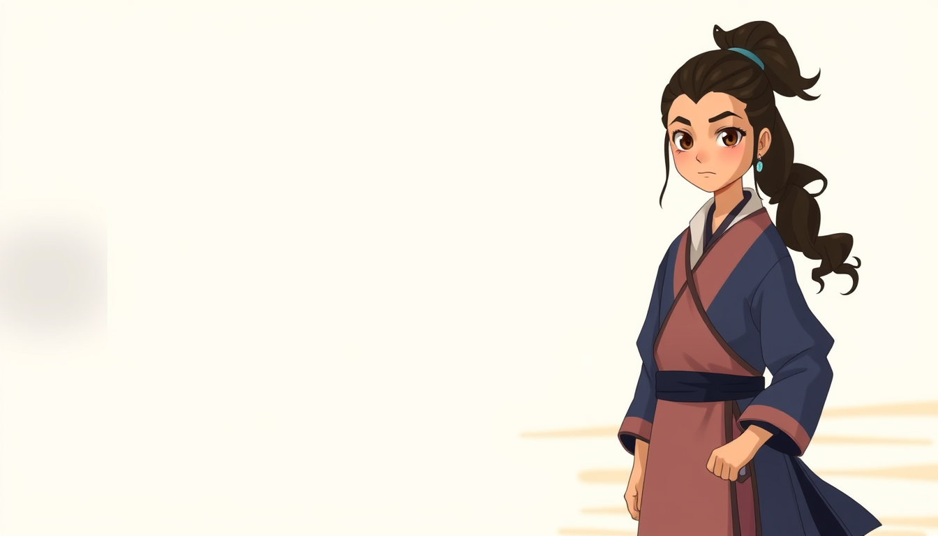 Main art studio: Can you generate an image of a 10-year-old girl from *Avatar: The Last Airbender* wearing a Southern Water Tribe outfit, with messy curls tied up in a