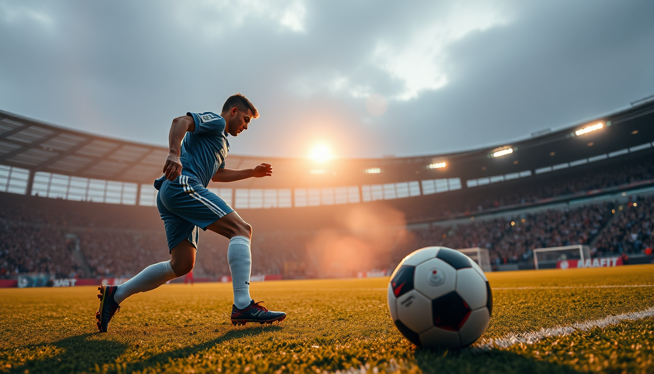 Main art studio: mache eine fussball spielerin die vom ball in die leisten getroffen wird