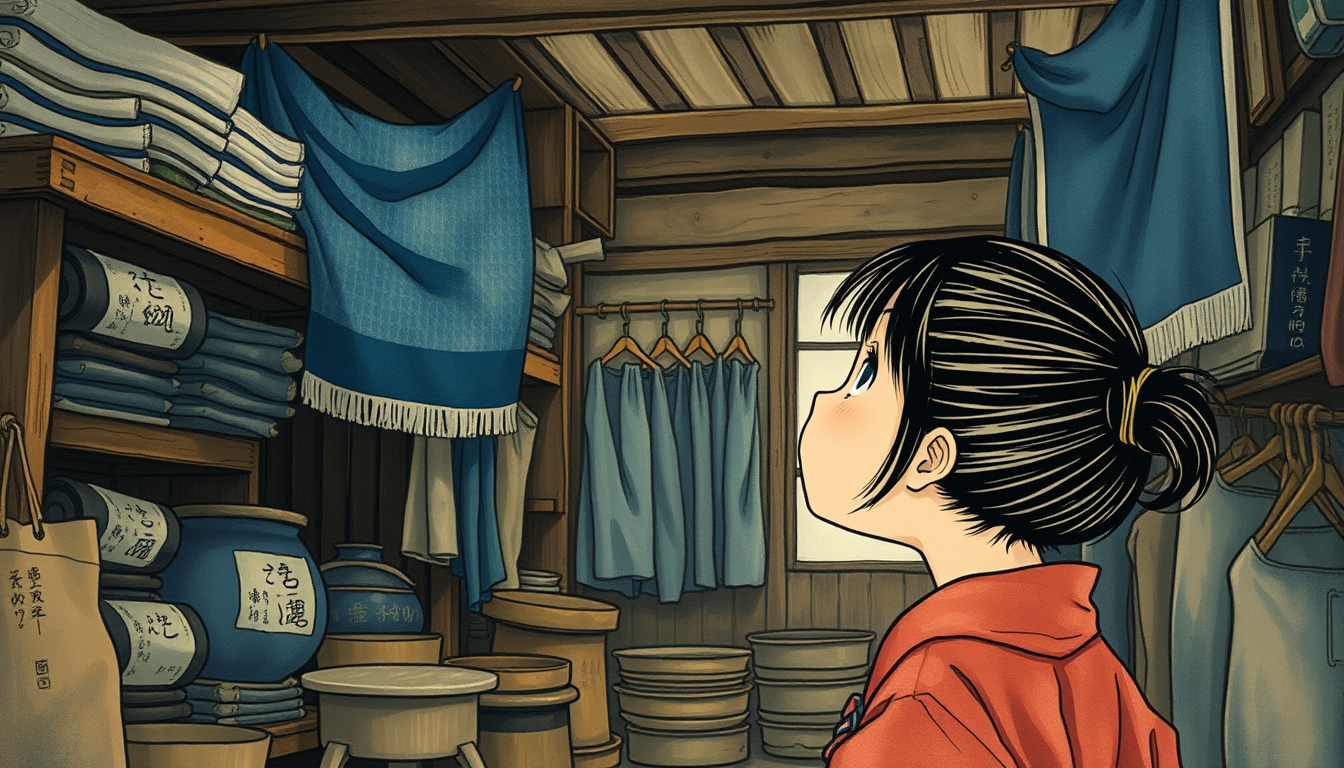Main art studio: Little Japanese girl with her hair tied up, inside the old ramshackle shop looking up at the blue fabric way up high on a dusty shelf, barely visible