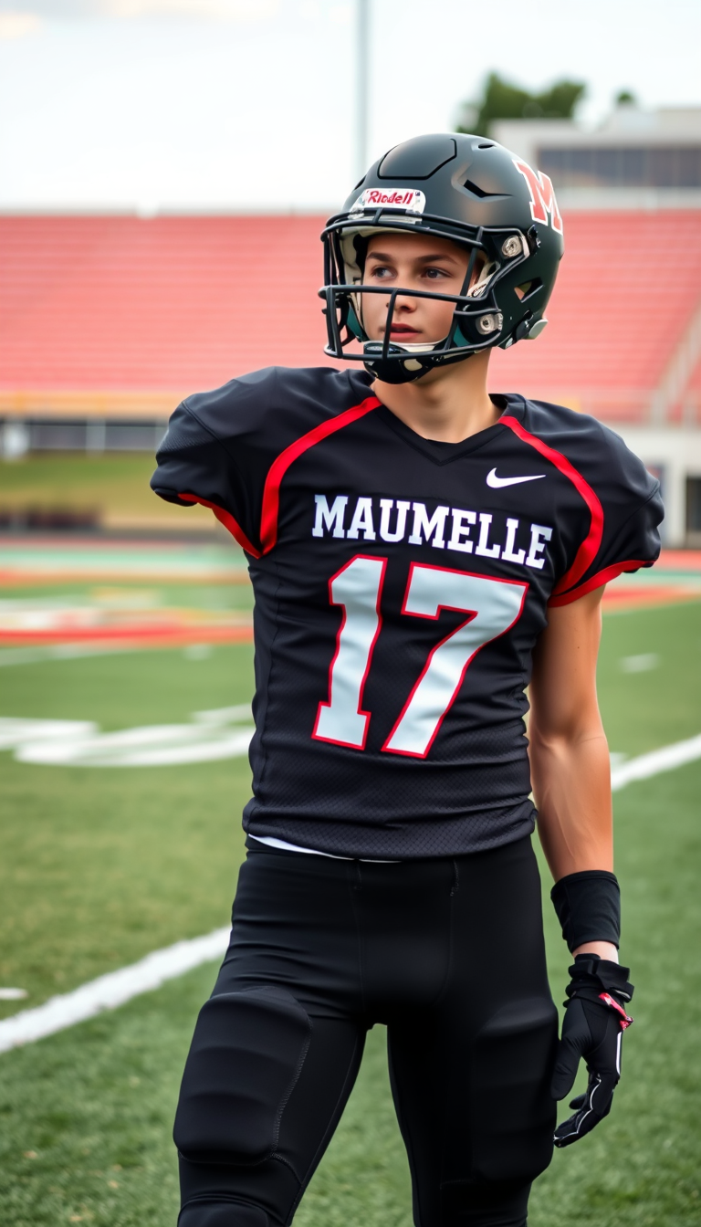 Main art studio: A realistic documentary photograph of a 17-year-old American high school football player, short dark brown hair, light skin, athletic build, wearing a