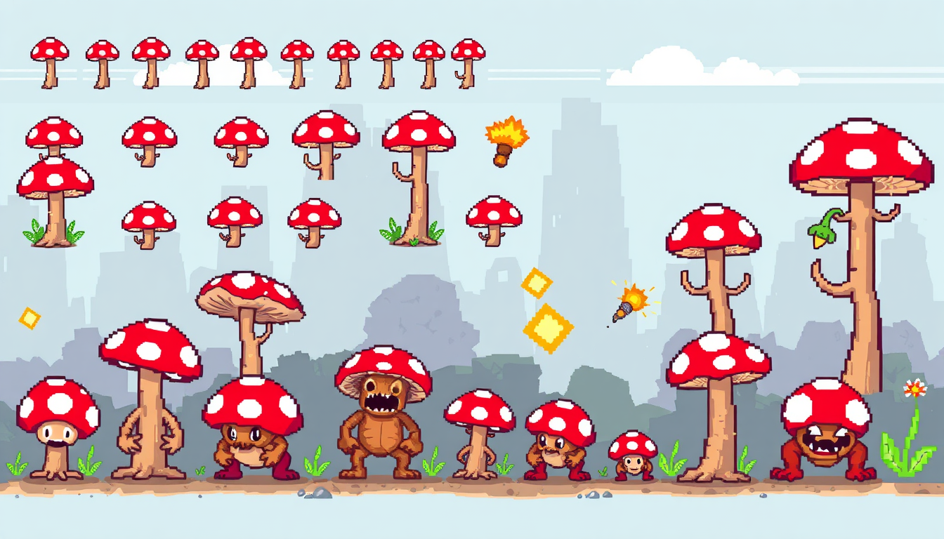 Pixel Art idea created from the prompt: pixel art style, 16-bit, retro game art, Red mushroom monster sprite sheet of idle, walk, attack, hit , pixel perfect, indie game aesthetic