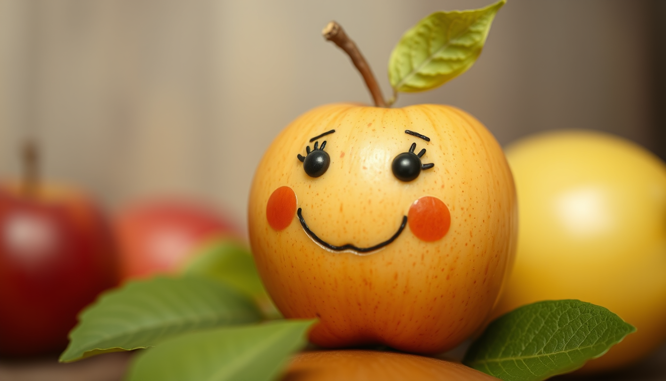AI Art prompt example created from the prompt: an apple what has an face that is schocked and cute