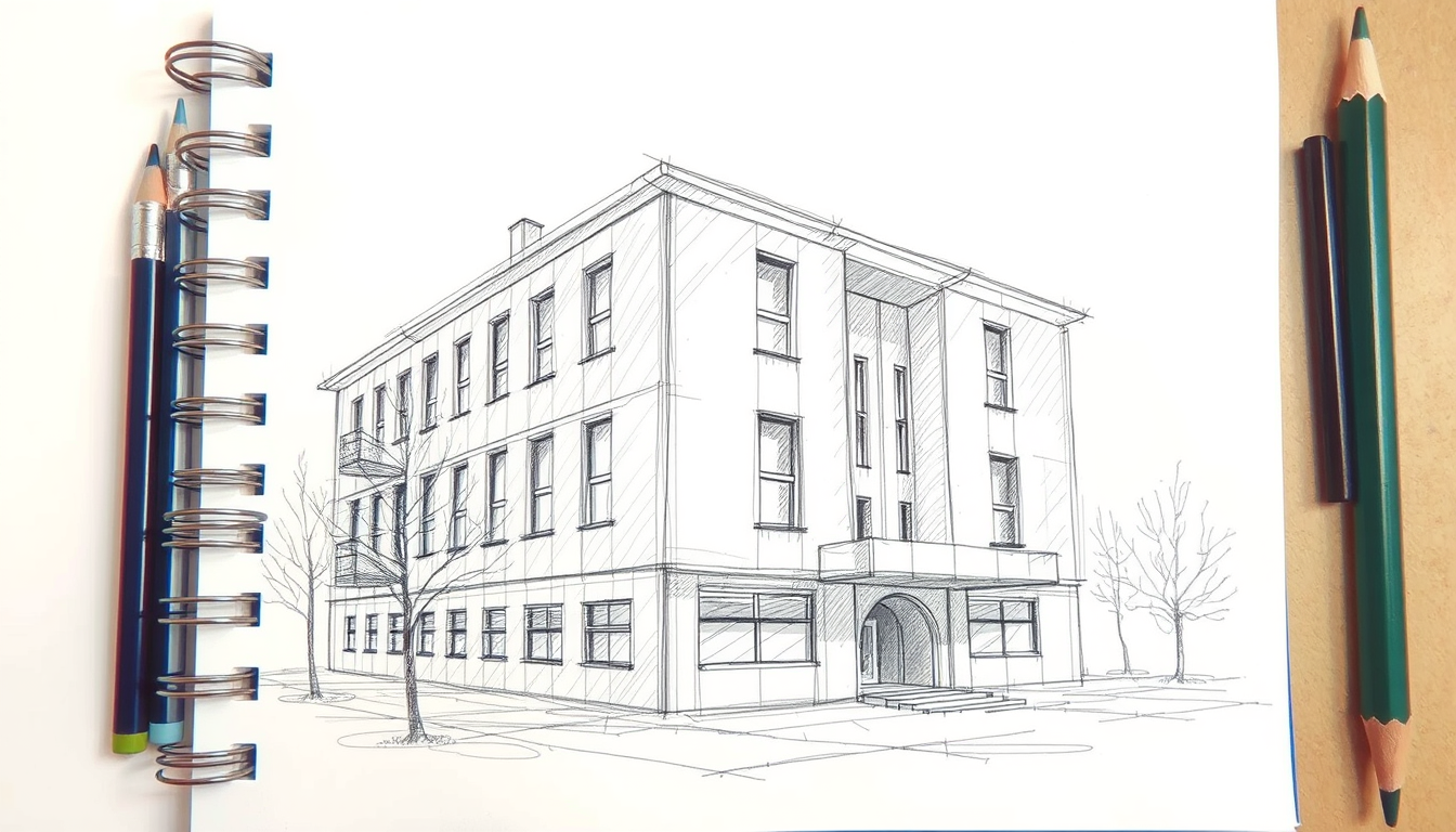 Sketch idea: pencil sketch, graphite hatching, loose construction lines, skizzieren ein Schulgebäude im Bauhausstil , hand-drawn sketch look, sketchbook page