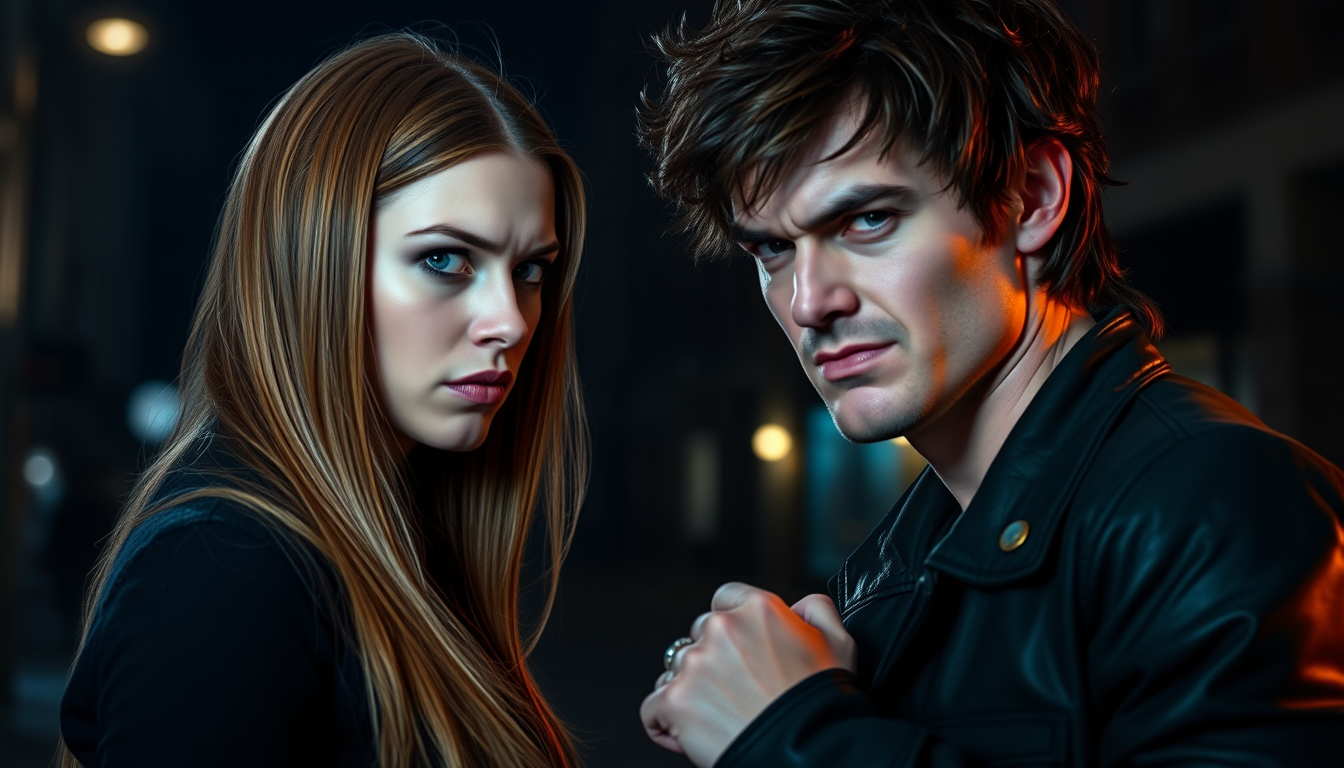 AI Art prompt example created from the prompt: Claire and Kieran standing face to face, tense atmosphere, Claire with long straight caramel hair and indigo tips, sea-green-blue eyes looki