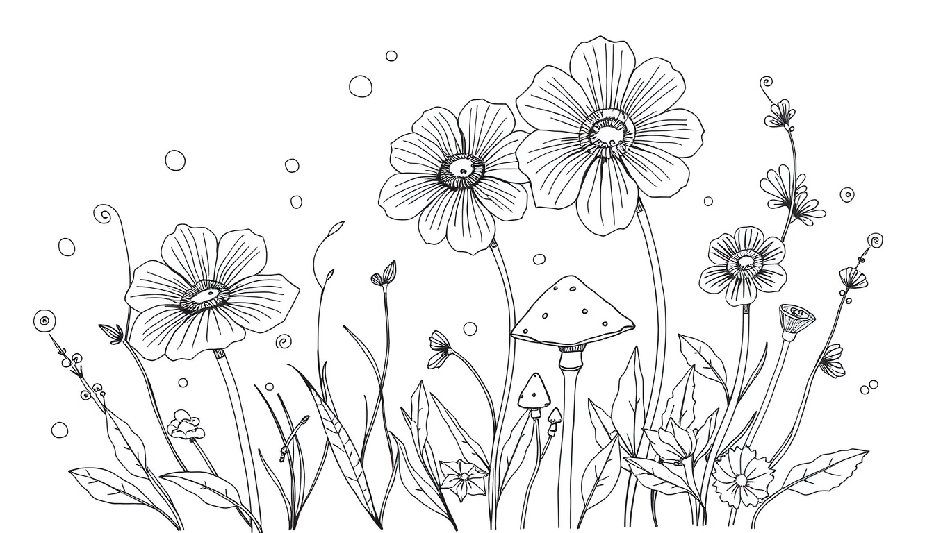 Main art studio: sketch me up some line art of some flowers with some squiggles and bold lines and mushrooms and complex flowers and simple mushrooms and detailed
