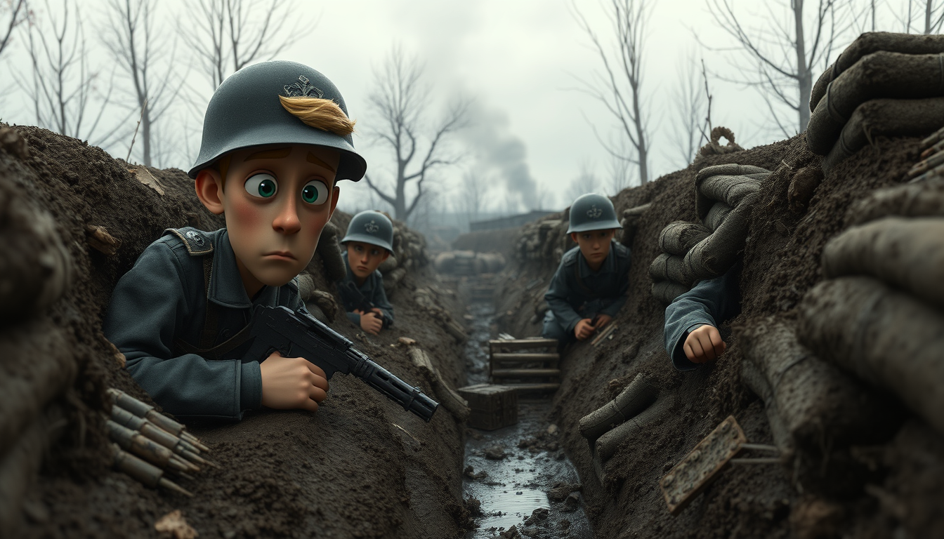 Main art studio: Cinematic 3D cartoon realism, German Wehrmacht defenders holding a muddy defensive trench near Berlin in April 1945, recurring German soldier characte
