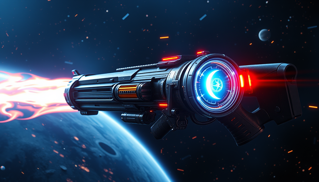 Sci Fi idea: science fiction, futuristic, space, advanced technology, futuristic plasma ball shotgun , cinematic sci-fi concept art