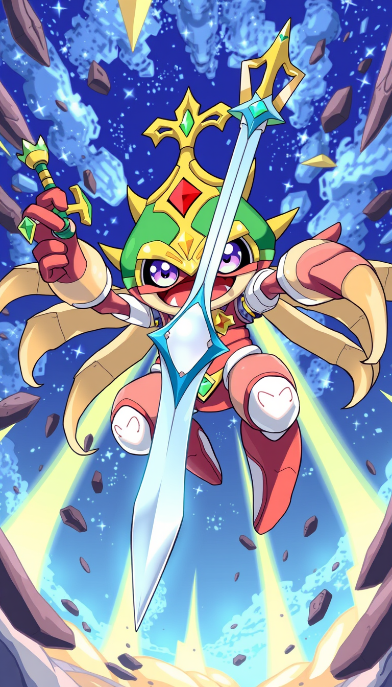 Anime idea created from the prompt: anime style, vibrant colors, expressive eyes, Seeds urchin paladin, cyborg, cephalothorax, holding a sword with a pearl in the hilt, view fr