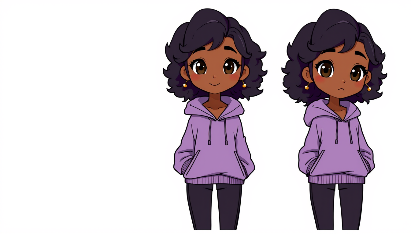 AI Art prompt example created from the prompt: Create a consistent fictional teenage character named Maya. She has medium-dark brown skin, dark thick naturally curly shoulder-length hair,