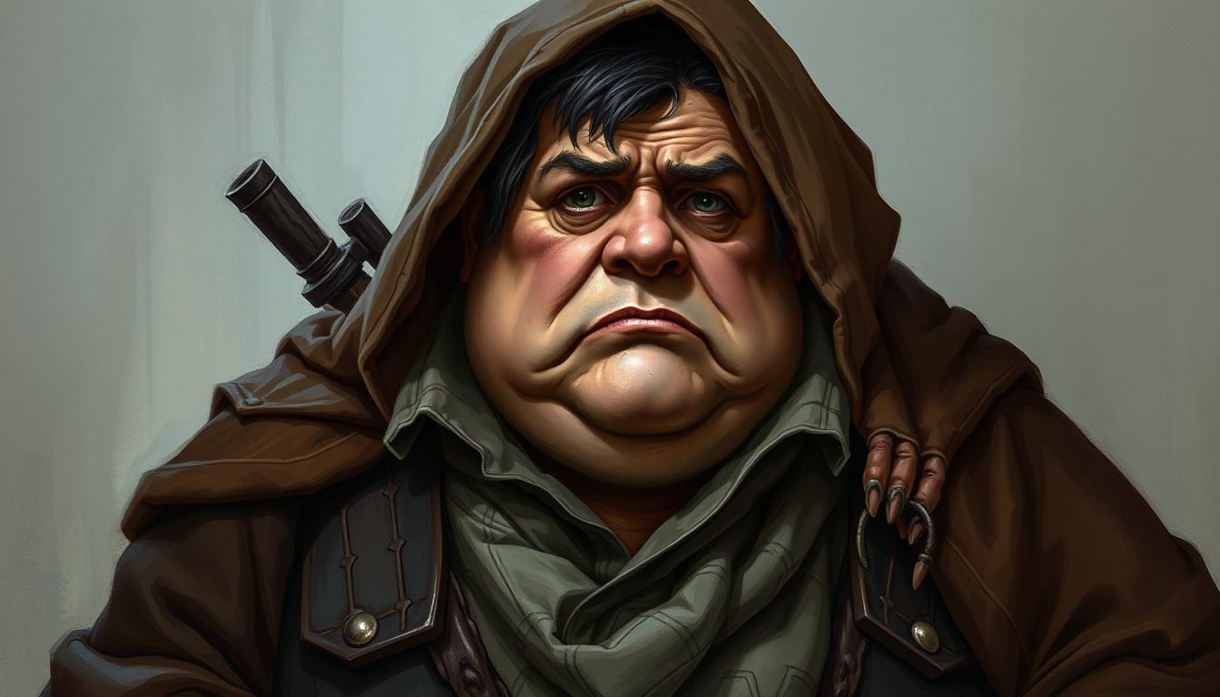RPG Character idea created from the prompt: RPG character portrait, fantasy class outfit, detailed illustration, A short, very fat human innkeeper with a sickly and anxious appearance.