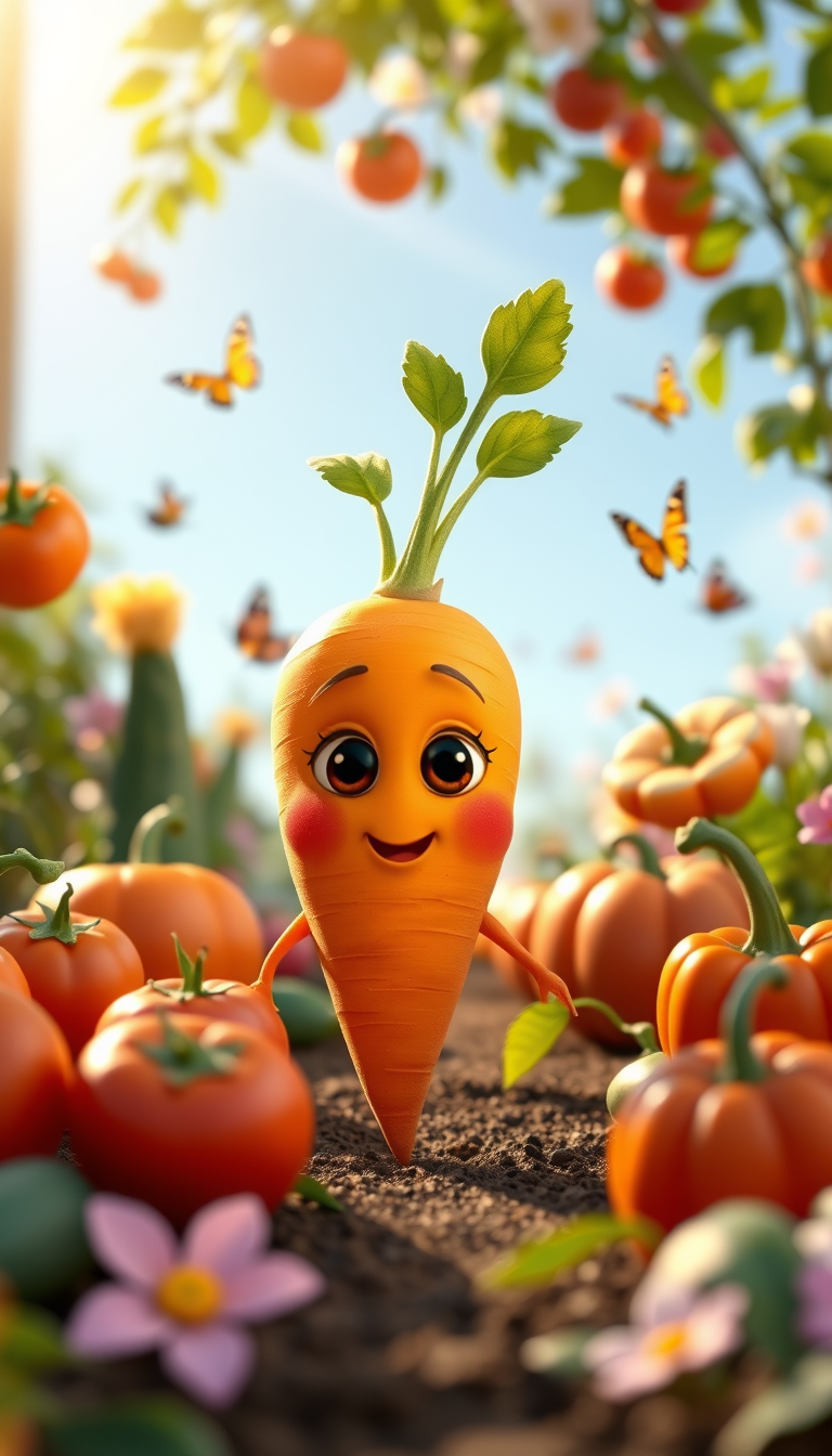 Main art studio: Gaju, a cute small orange carrot with big expressive brown eyes, two small green leaves on top, tiny arms and legs, standing happily in a beautiful co