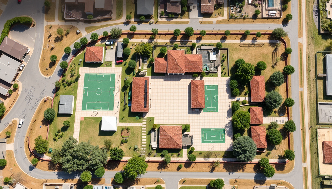 AI Art prompt example created from the prompt: MAPa DE COLEGIO IGUAL QUE ESTA FOTO ANTERIOR PERO DESDE ARRIBA; CON EDIFICOS Y PATIO CENTRAL AJRDINADO, 2 PISTAS DE PADEL, 3 DE TENIS, POLID
