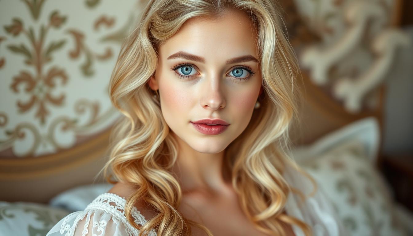 Main art studio: Une femme de l'époque blonde très claire et sa peau de la mm couleur que ses cheveux yeux bleus un duvet rose . une femme rêveuse , naïve et spontané 
