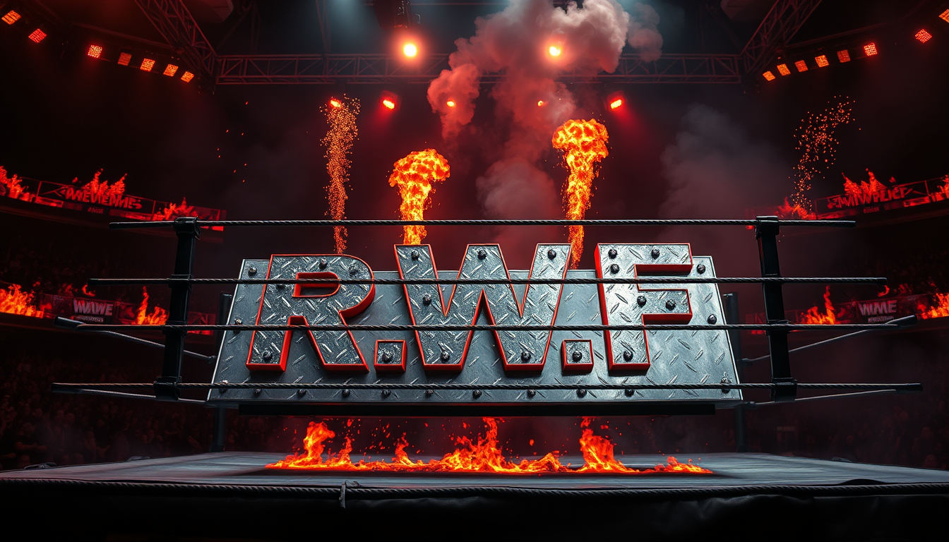 Main art studio: A brutal hardcore wrestling ring with a massive silver diamond-plate apron displaying the exact letters R.W.F., intense red and orange flames, black r
