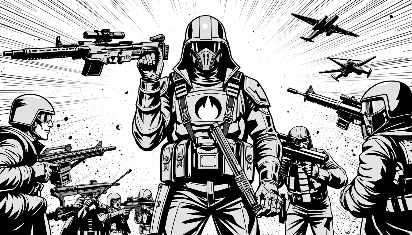 Comic Book idea created from the prompt: comic book style, bold lines, halftone dots, В цвете: База альянса BeLK region 970 на закате: укреплённый двор, мешки с песком, самодельные