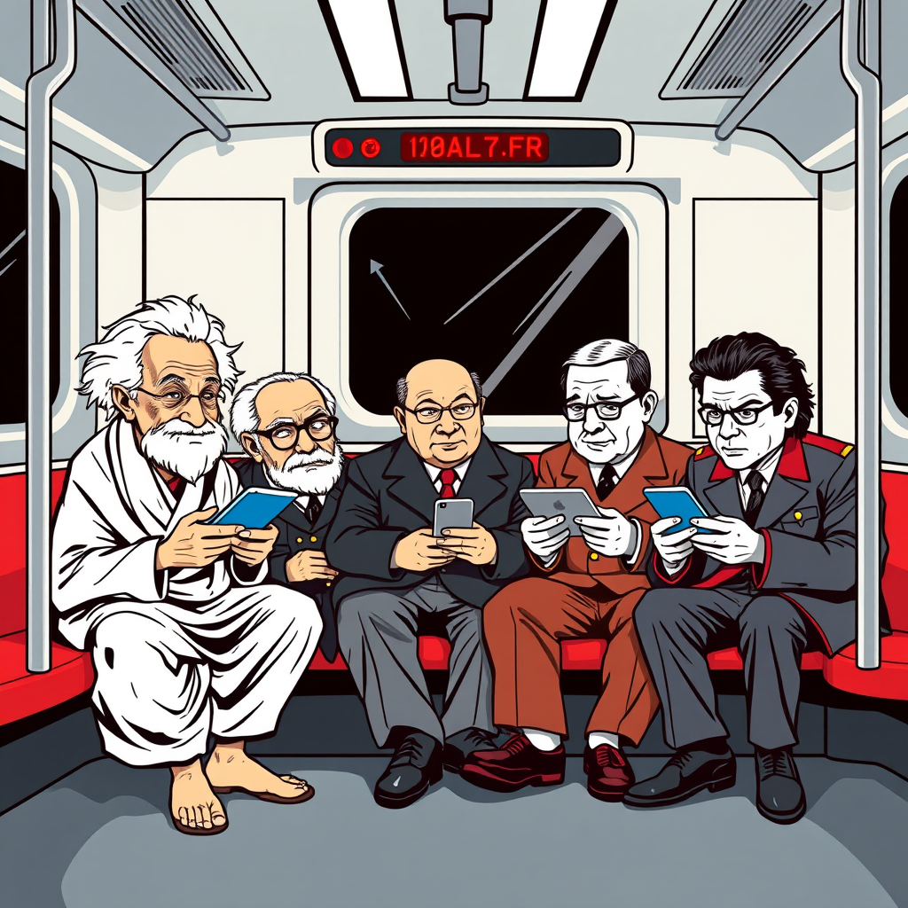 Main art studio: writing{variant=“standard” id=“52683”} Einstein, Gandhi, Hitler and Michael Jackson sitting together on a modern subway, using smartphones, funny awkw