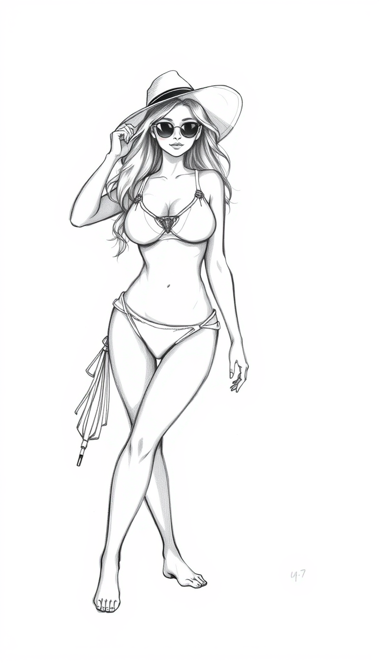 Drawings idea: drawing style, clean pencil lines, expressive sketch detail, clear subject silhouette, beach lady , high quality AI drawing, hand-drawn look, balanced