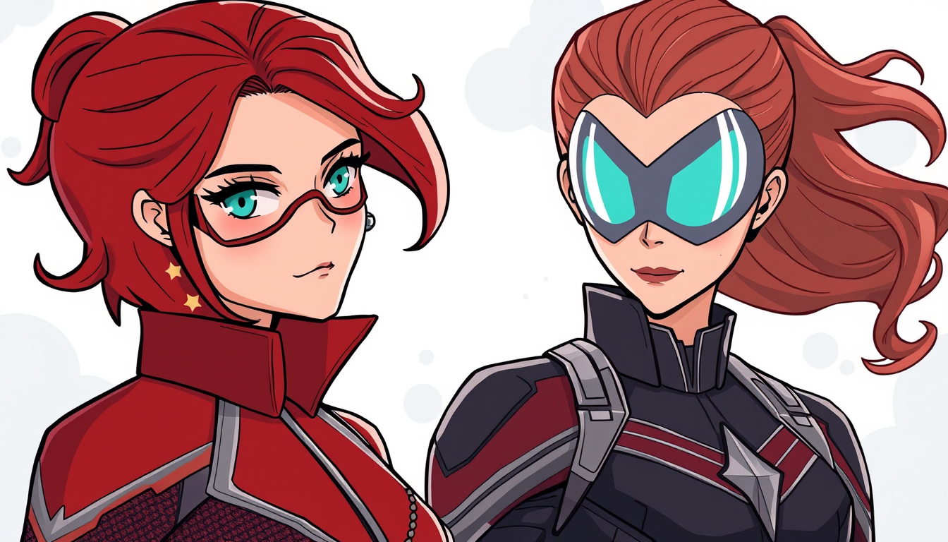 Main art studio: Yatay 4:3, tek görsel, tamamen yazısız. Pepper Potts ve Wanda Maximoff karakterlerini gerçek sinematik görünümlerine çok yakın, tanınabilir yüz ve kos
