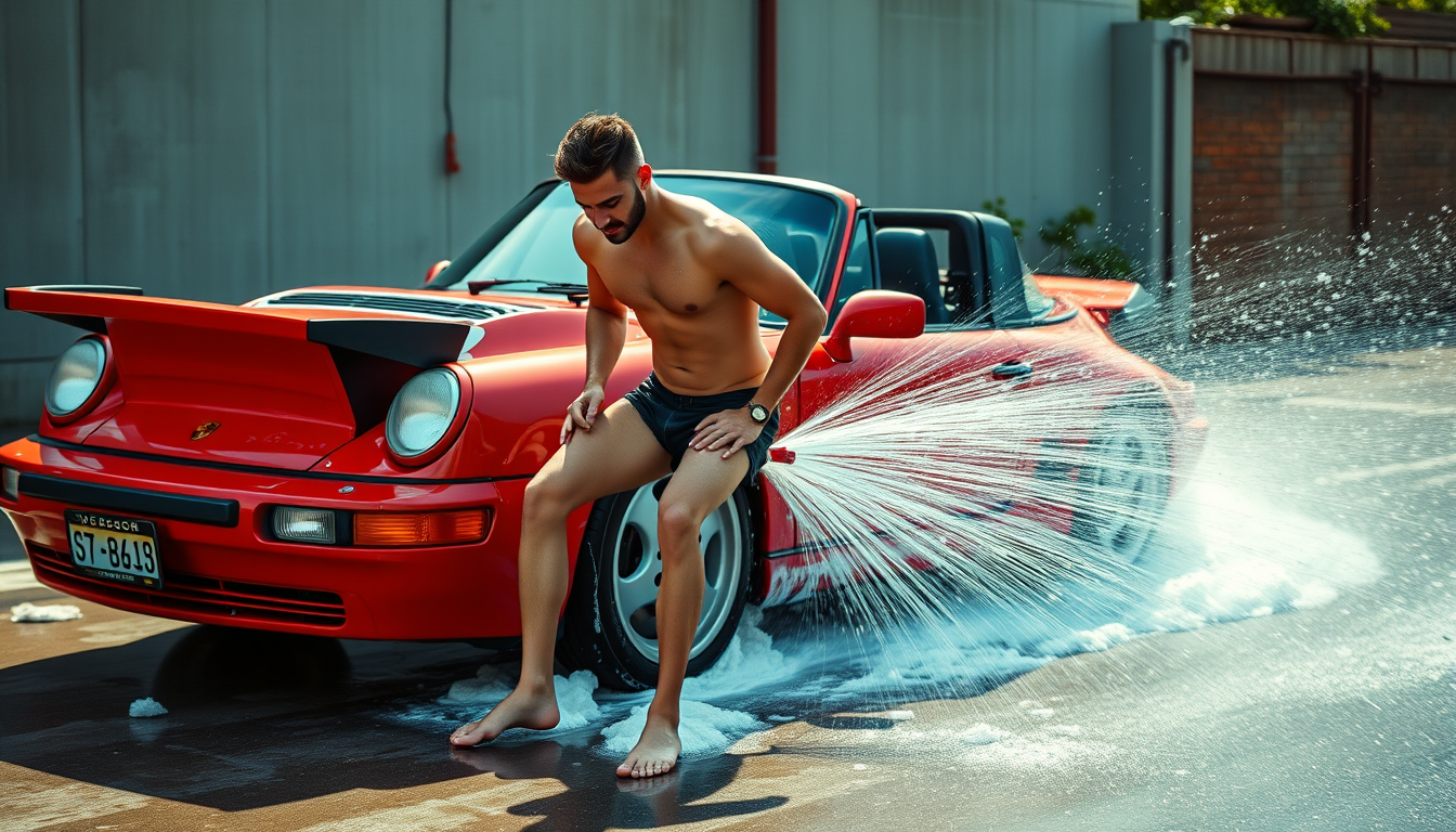 Main art studio: Create a image of Diogo Piçarra washing a red porsche car on shorts in a sexy 90's way