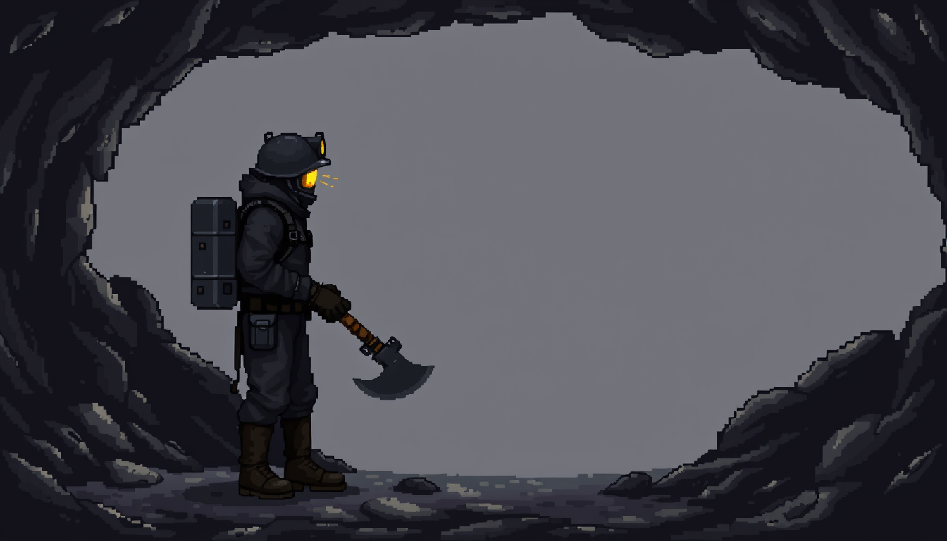 Pixel Art idea: pixel art, 32x32 sprite scale, limited palette, retro 16-bit game art, Dark 2D pixel art, side-view underground explorer for a horror game. Worn dark